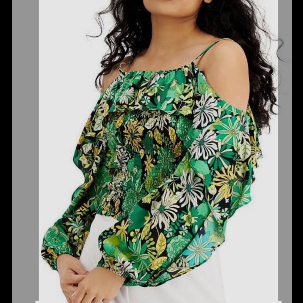 INC International Concepts Green and Yellow Flutter Sleeve Blouse